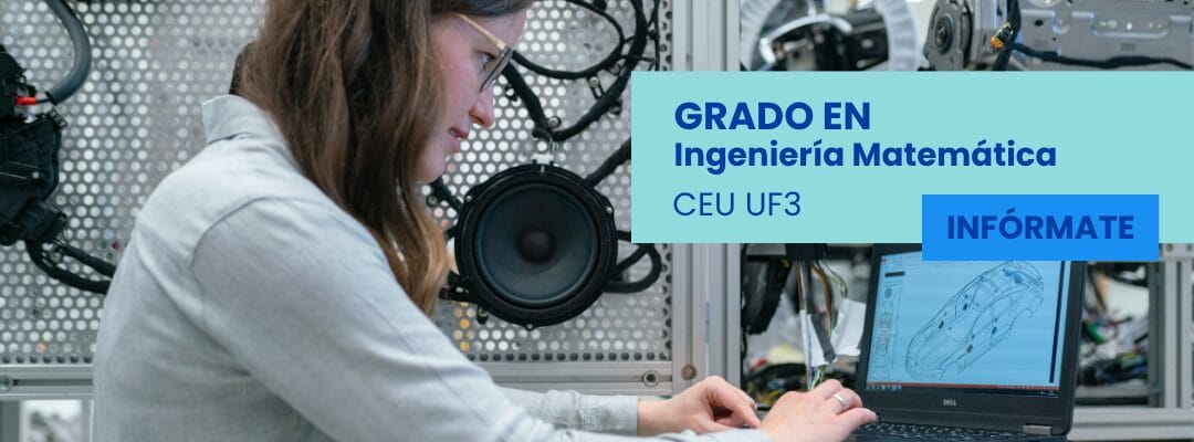 Joven ingeniera trabajando en laboratorio con equipo electrónico y portátil; anuncio del Grado en Ingeniería Matemática.