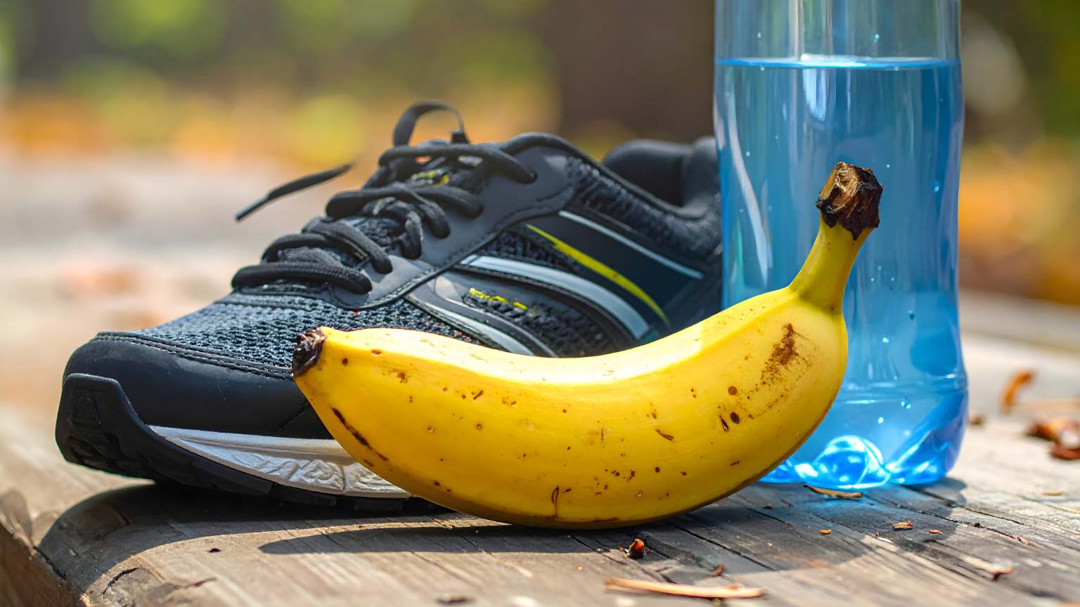 Plátano, botella de agua y zapatilla deportiva como ejemplo de nutrición deportiva antes o después del ejercicio.
