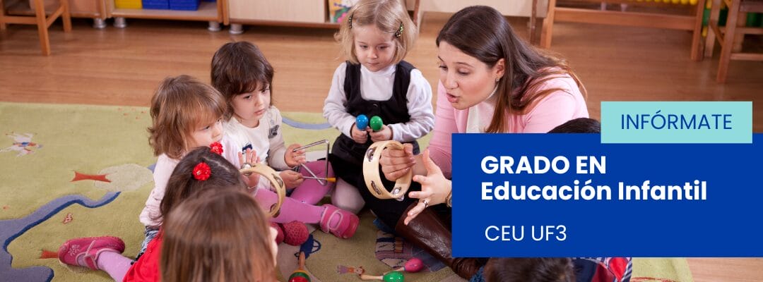 Alumna en practicas del grado de Educación Infantil de CEU UF3 guiando a un grupo de niños mientras exploran distintos instrumentos musicales en el aula, siguiendo una metodología de aprendizaje activa y participativa.