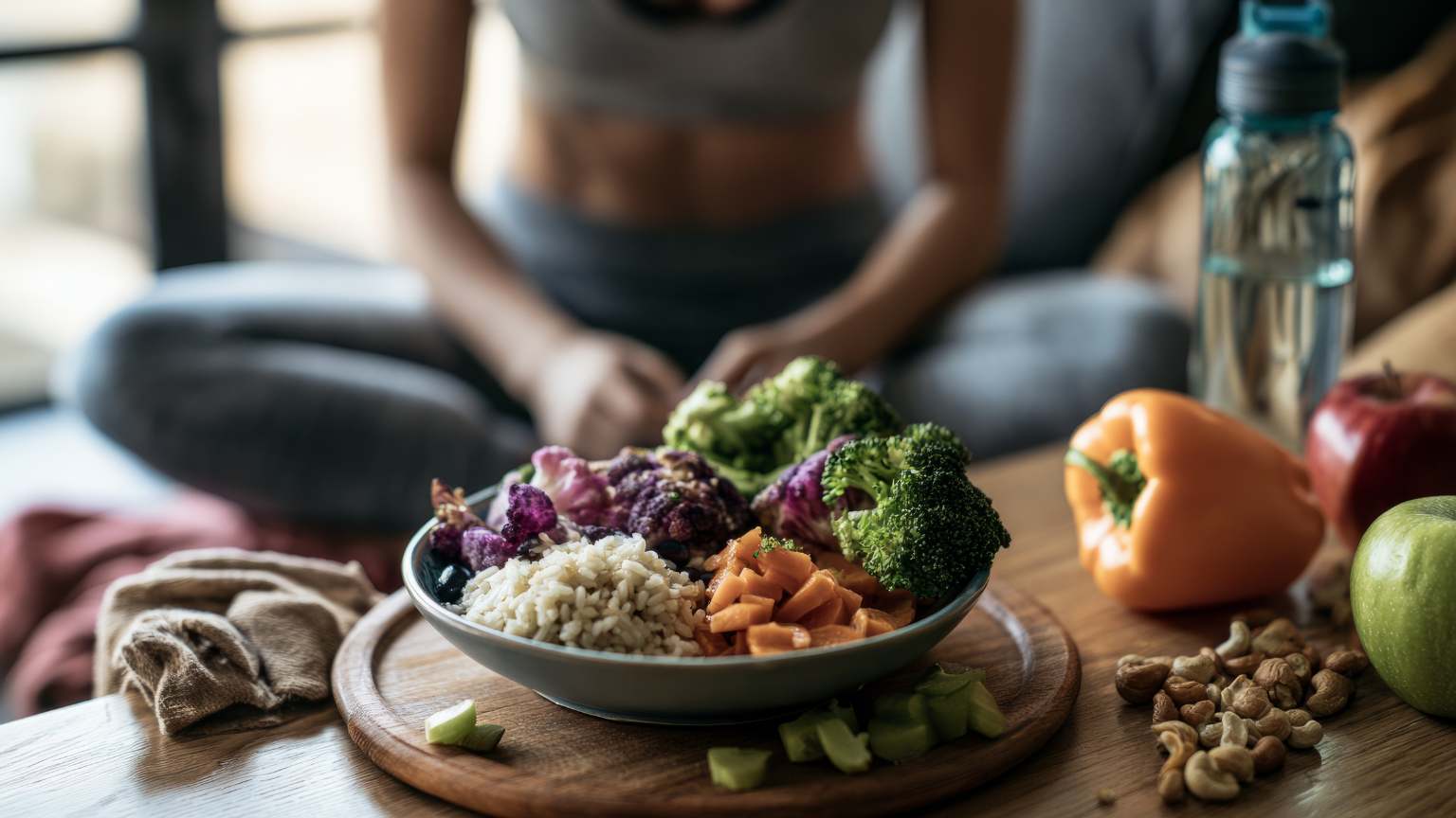 Plato con arroz, verduras y alimentos saludables para una correcta