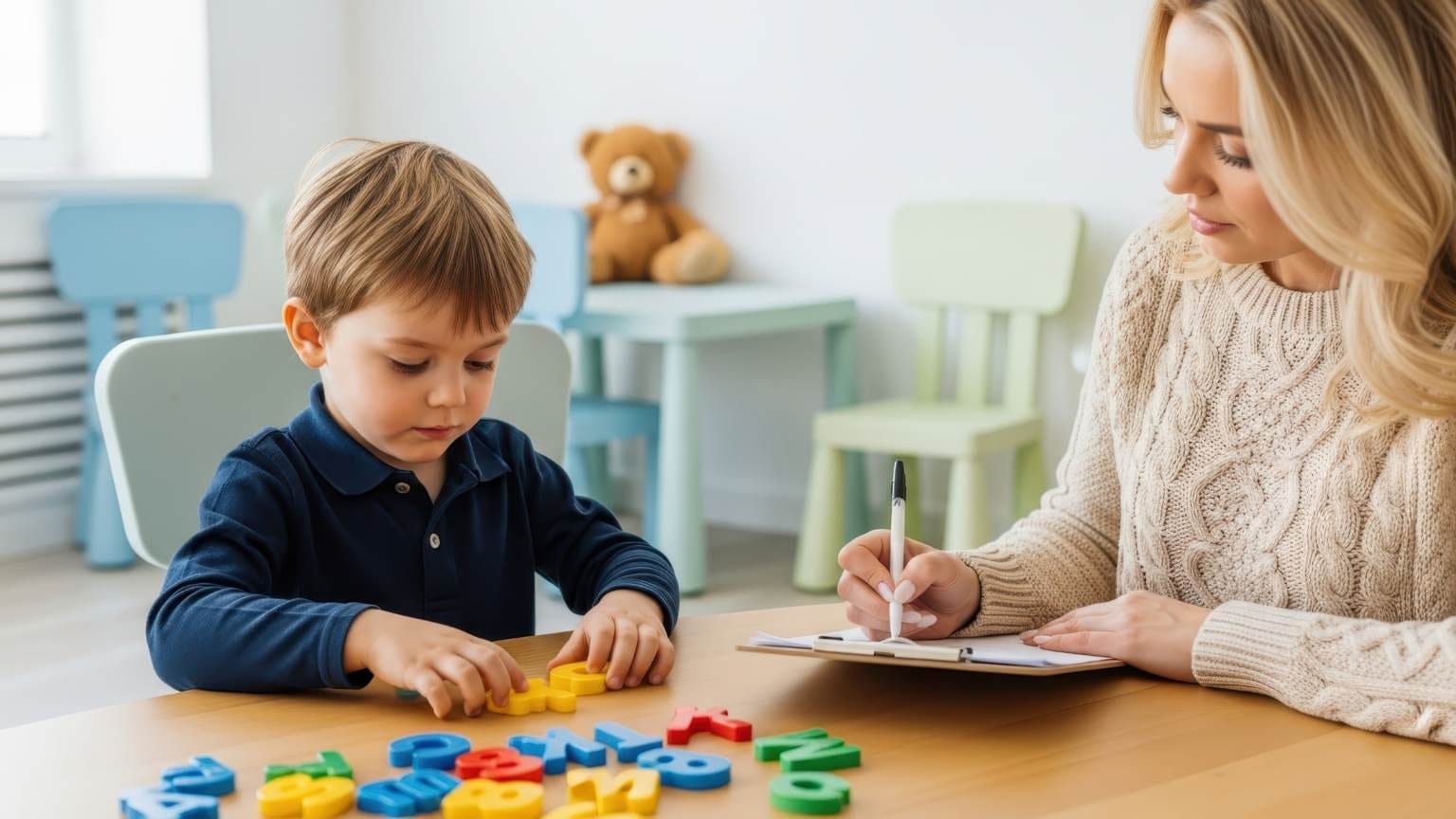 Especialista en psicología educativa evaluando a un niño mediante actividades didácticas